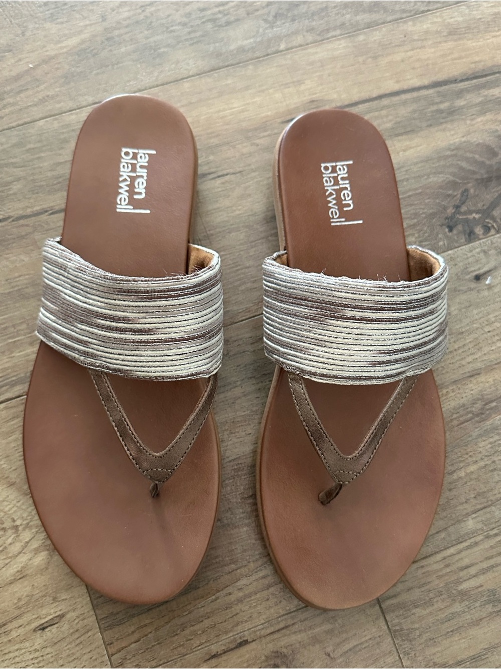 Lauren Blakwell Brown Leather Toe-Post Sandals with Cream Woven Strap
